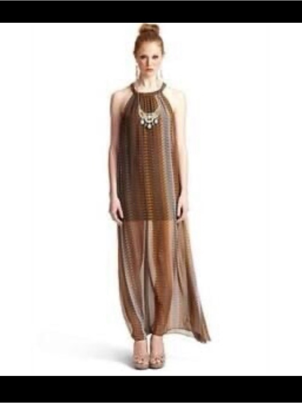 Bar III Brown Halter Maxi Dress with Sheer Snakeskin Print